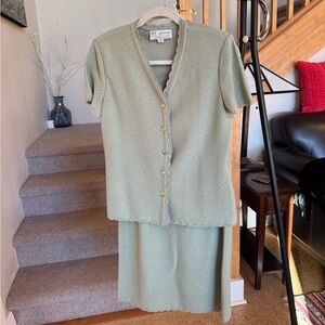 St. John Sage Green Knit 2-piece Skirt Set with Gold Buttons